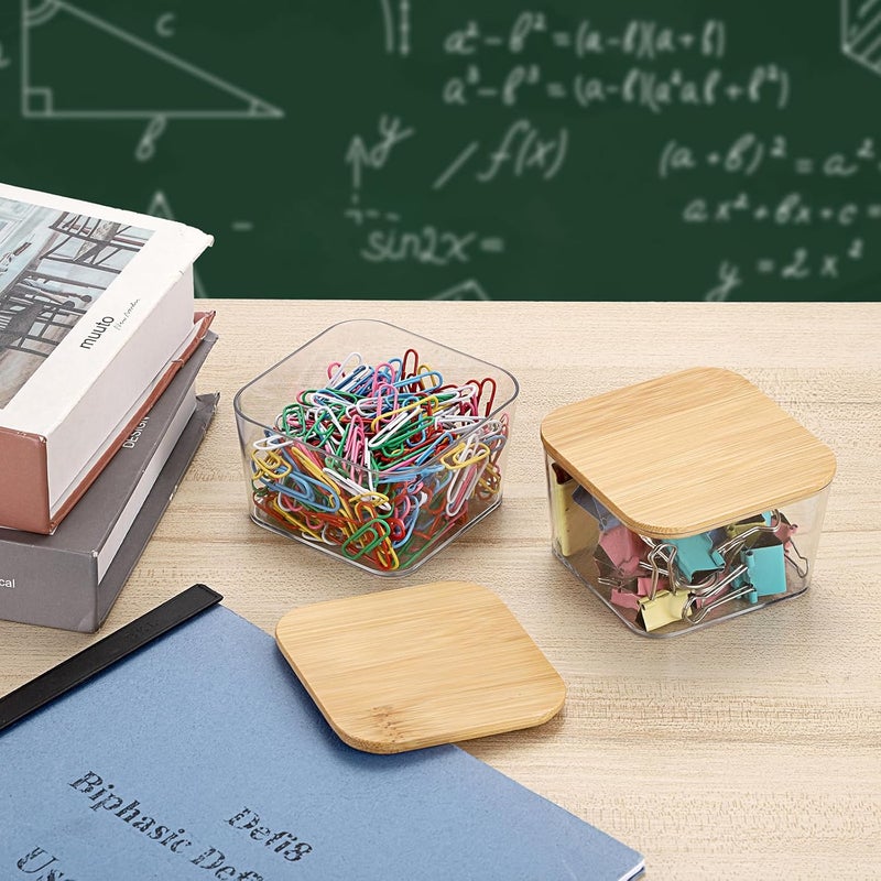 BTSKY 4 Pack Clear Stackable Paper Clip Holder with Bamboo Lid Paperclip Box Plastic Cute Office Supply Accessory Organizer Square Small Storage Holder Cute Qtip Holder for Office Bathroom Vanity - Image 2